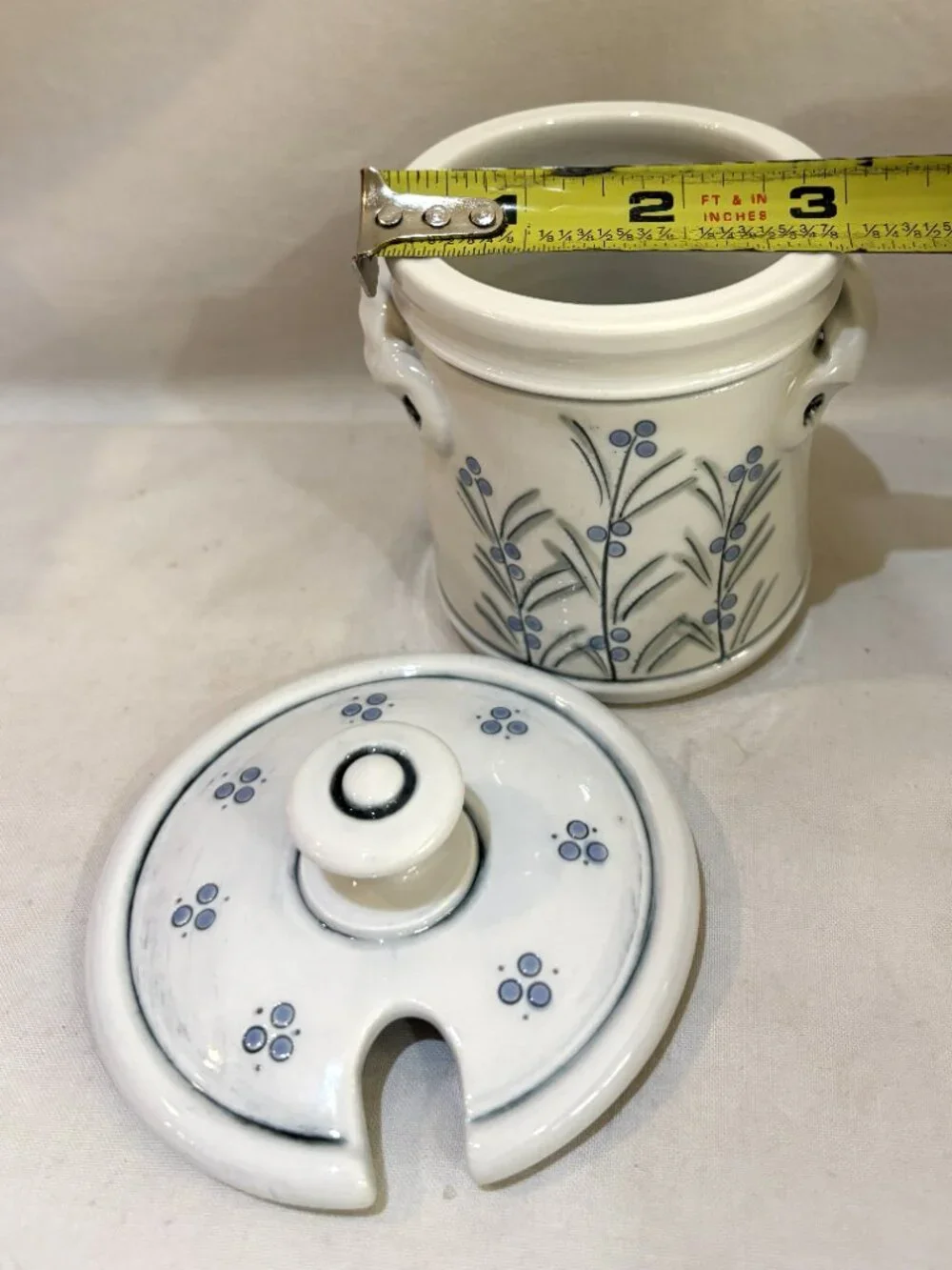 Hand Crafted Pottery Lidded Jam Condiment Jar Hand Painted Blue Berry Stamped